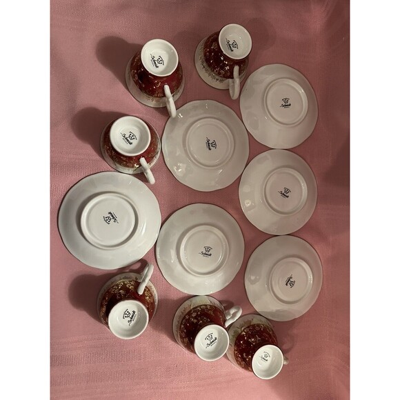 VNTG Set of 6 Porcelana SCHMIDT Brasil Espresso Cups -Multicolor Burgundy Gold - Picture 9 of 12